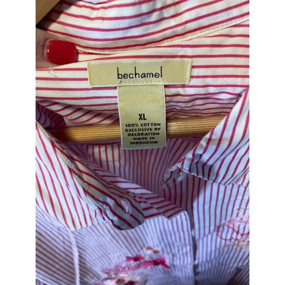Bechamel Pink White Striped Floral Embroidered 3/4 Sleeve Button Up Top Sz XL - Picture 6 of 7